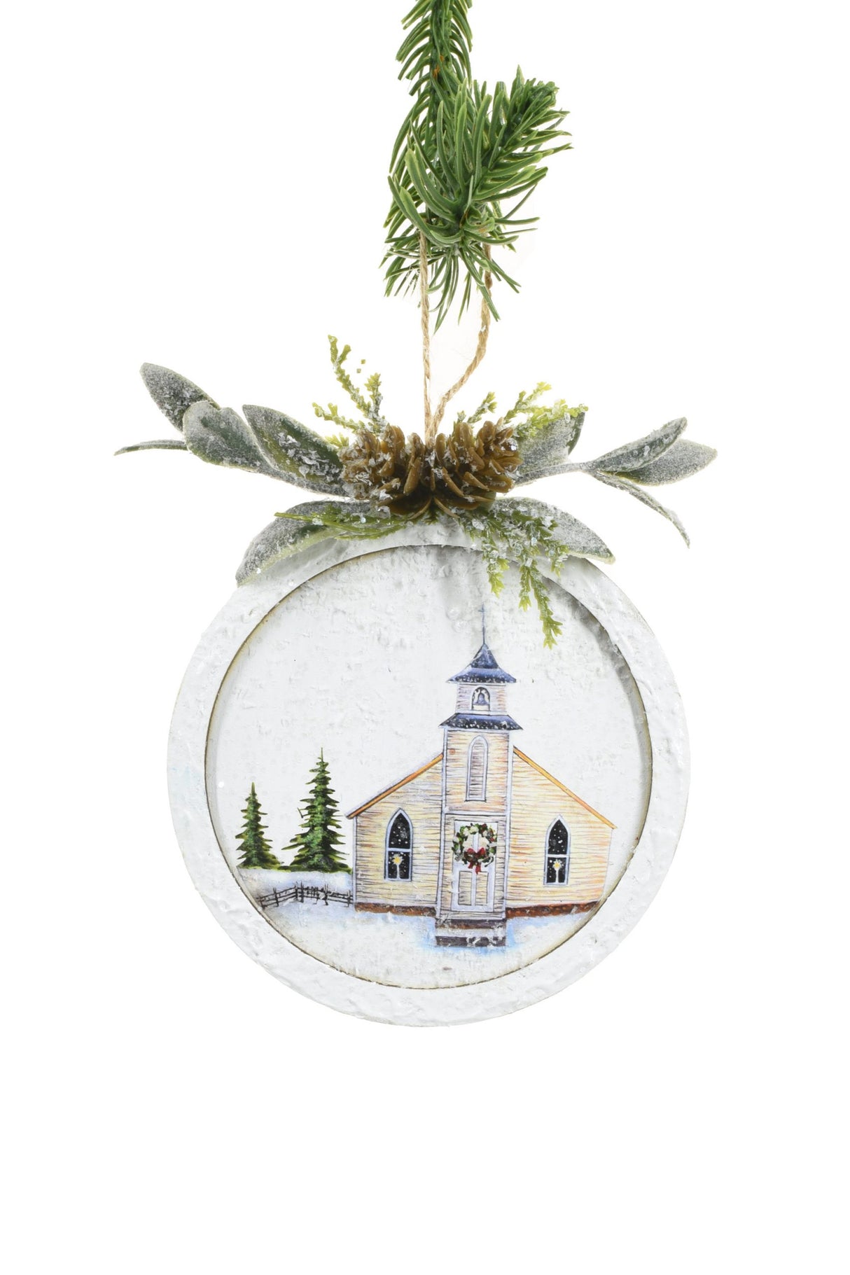 5" Flat Hanging White Wool Ball Ornament with Winter Church