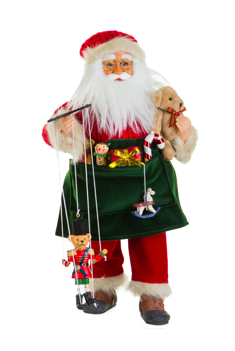 17" Red and Green Fabric Toymaker Santa Figurine with Puppets