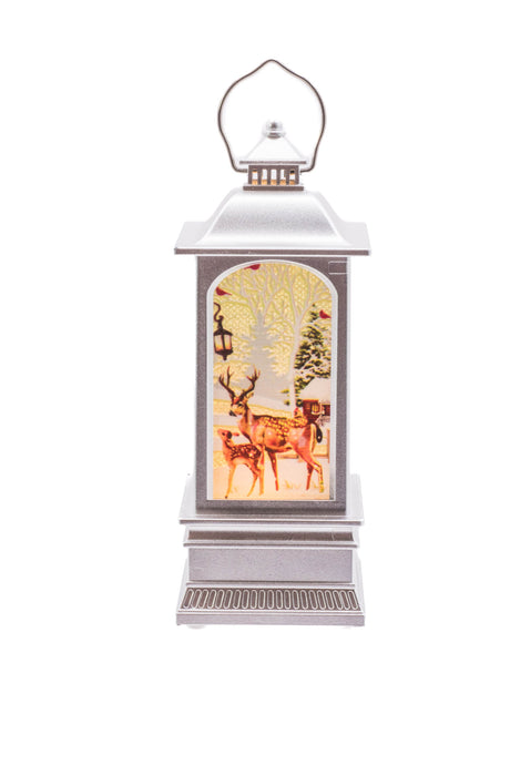 5.25" Small Silver Plastic Christmas Lantern LED Decoration with Reindeer
