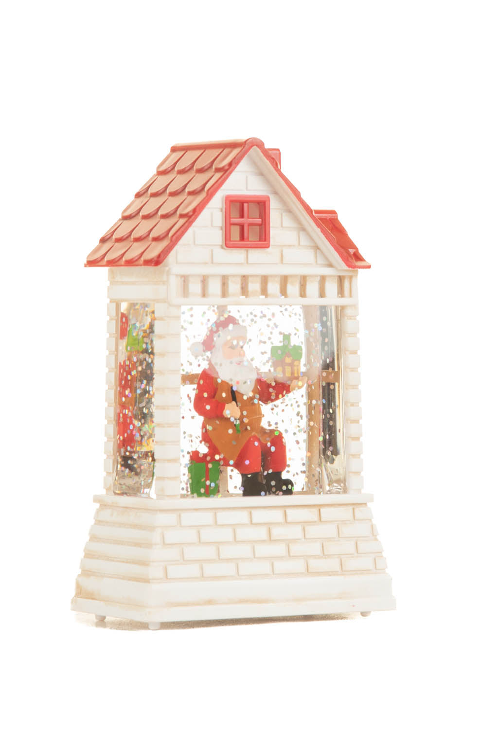 12.5" Mini White and Red Plastic Brick House Warm White LED Snow Globe with Santa Painting