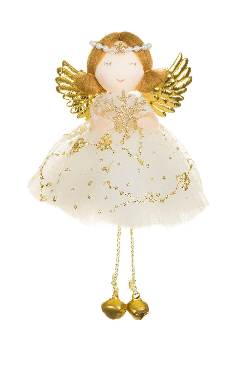 5.75" Hanging White and Gold Fabric Angel Girl Doll with Pearl Tiara