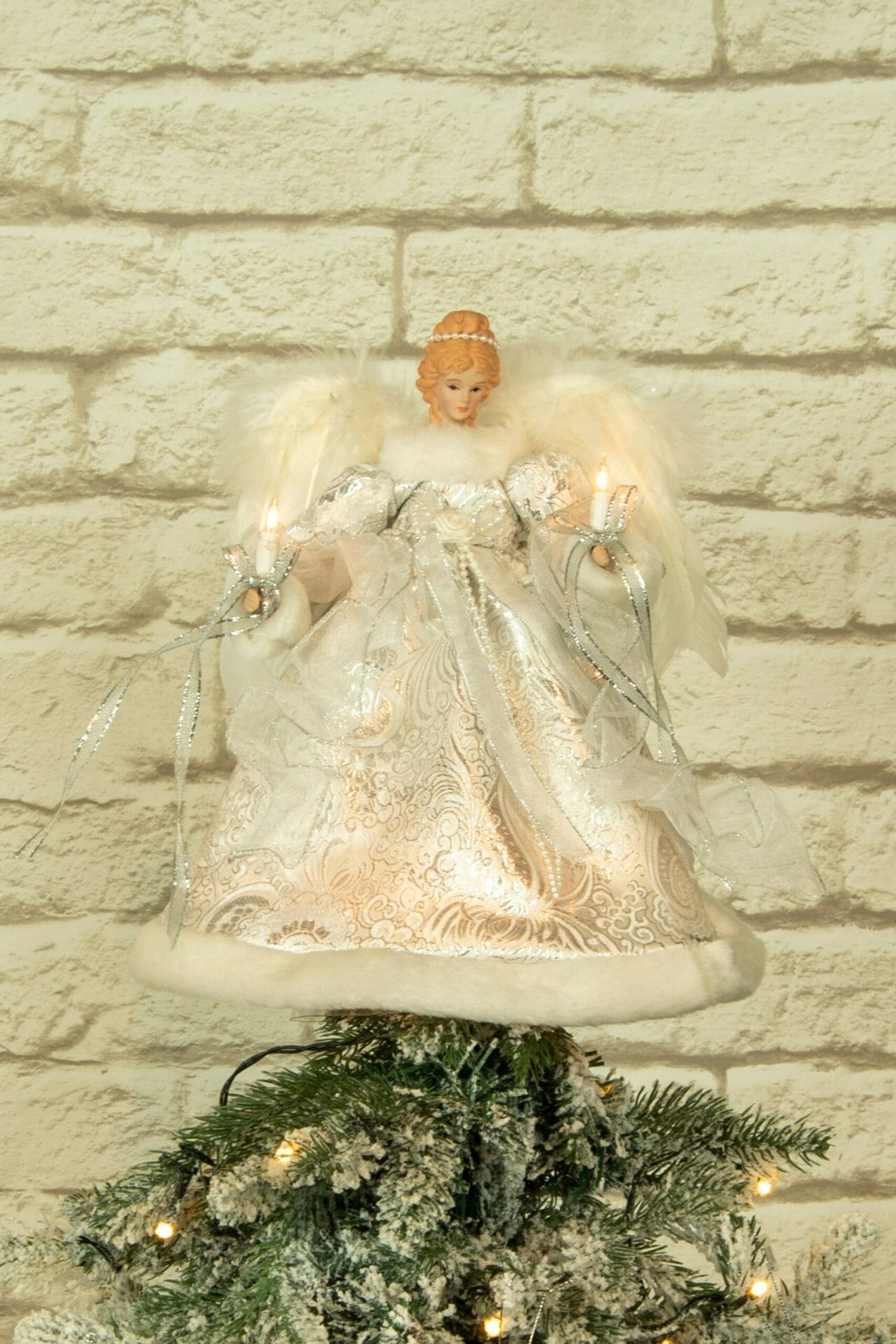 12" Silver and White Cloth Vintage 10-Light Angel Tree Topper