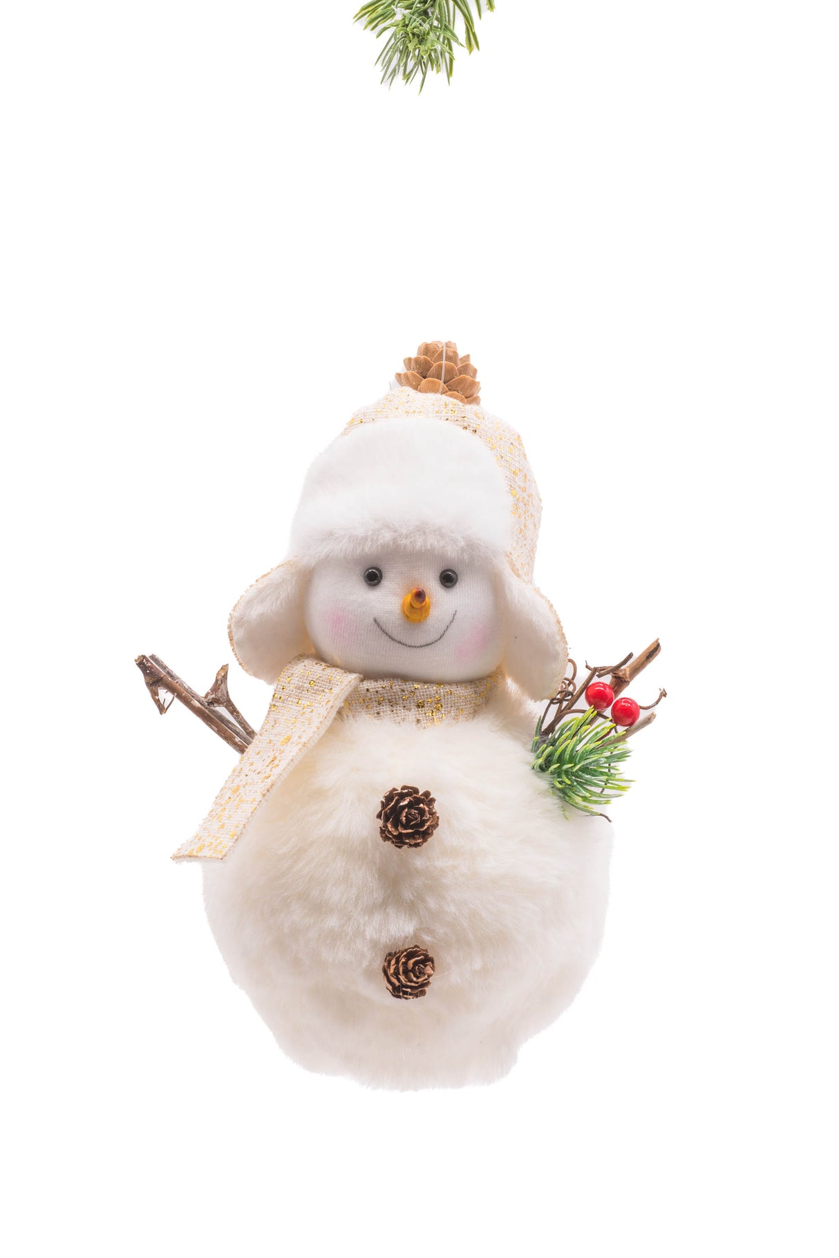8" White Cloth Pinecone Snowman with Trapper Hat
