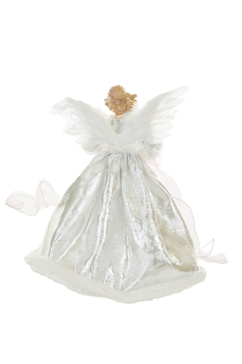15" Sequin Silver and White Polyester Elegant Warm White LED Angel Tree Topper In Snowflake Dress