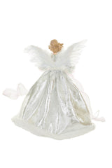 15" Sequin Silver and White Polyester Elegant Warm White LED Angel Tree Topper In Snowflake Dress