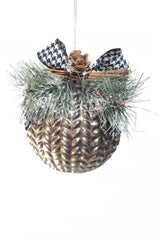 5" Hanging Silver Glass Armor Ball Ornament with Black Plaid Bowtie