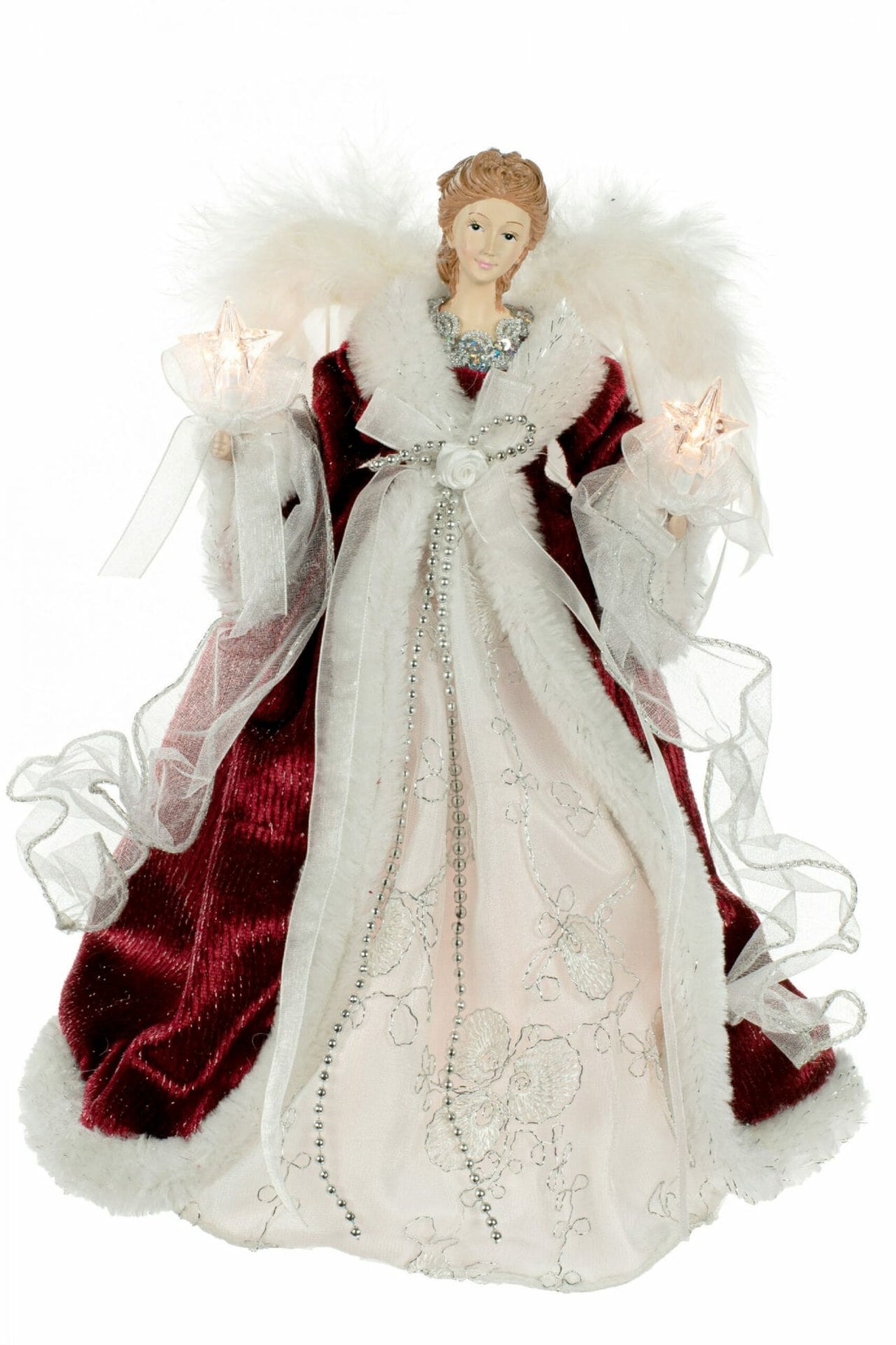 14" Red and White Cloth Modern 10-Light Angel Tree Topper with Fluffy White Wings