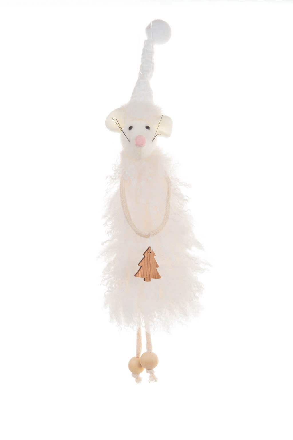 12" Hanging White Cotton Mouse Ornament with White Stocking Cap