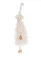 12" Hanging White Cotton Mouse Ornament with White Stocking Cap