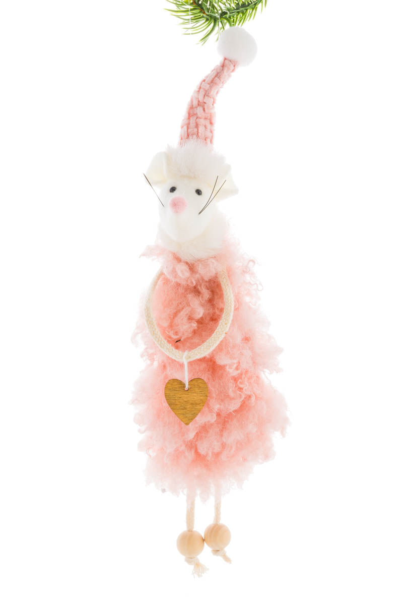 11" Fluffy Hanging Pink Fabric Cozy Mouse Doll with Wooden Heart