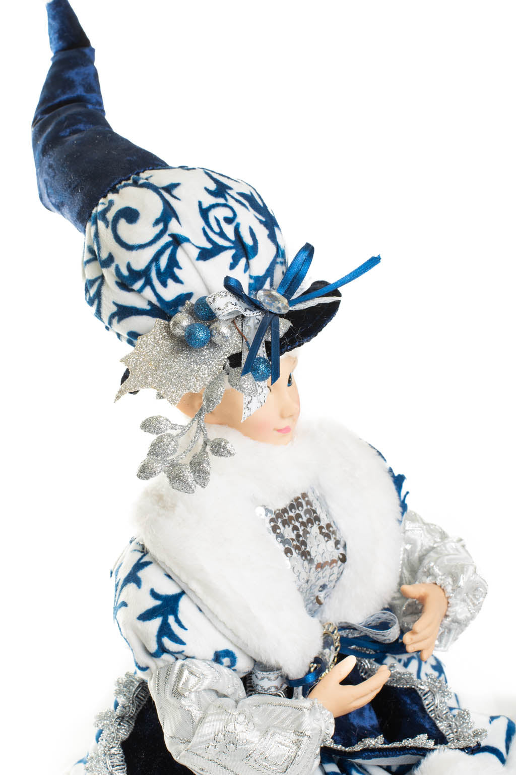 24" Sitting Chintz Blue and White Polyester Dapper Elf Doll with Holly Coat