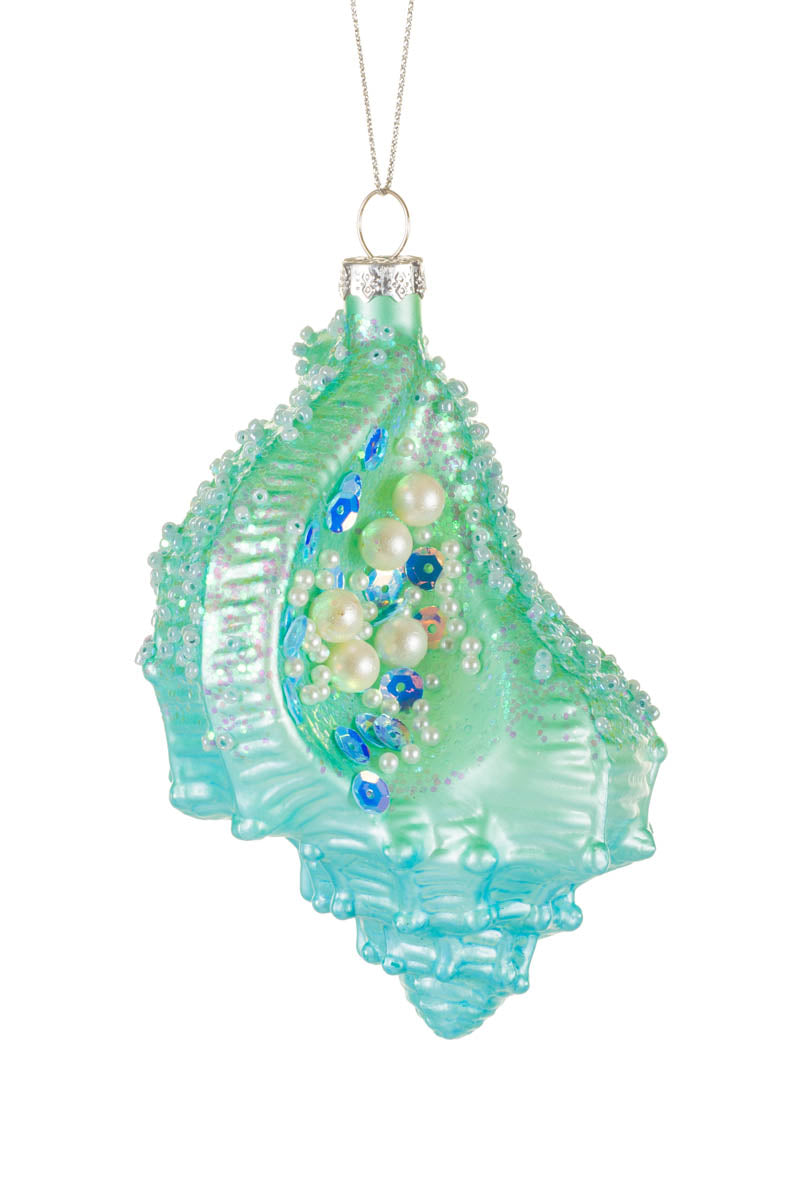 5" Hanging Beaded Sky Blue Glass Conch Shell Ornament with Pearls