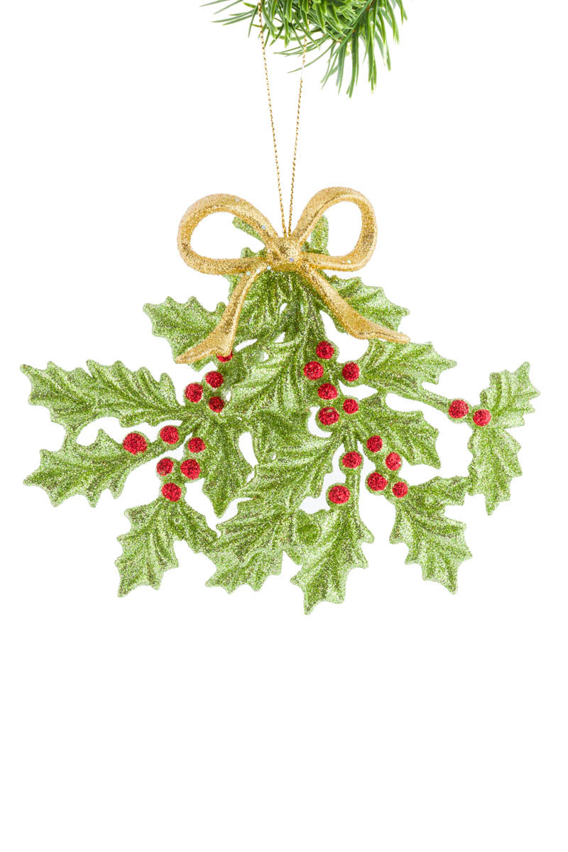 6"Hanging Green Acrylic Holly Ornament with Gold Bow