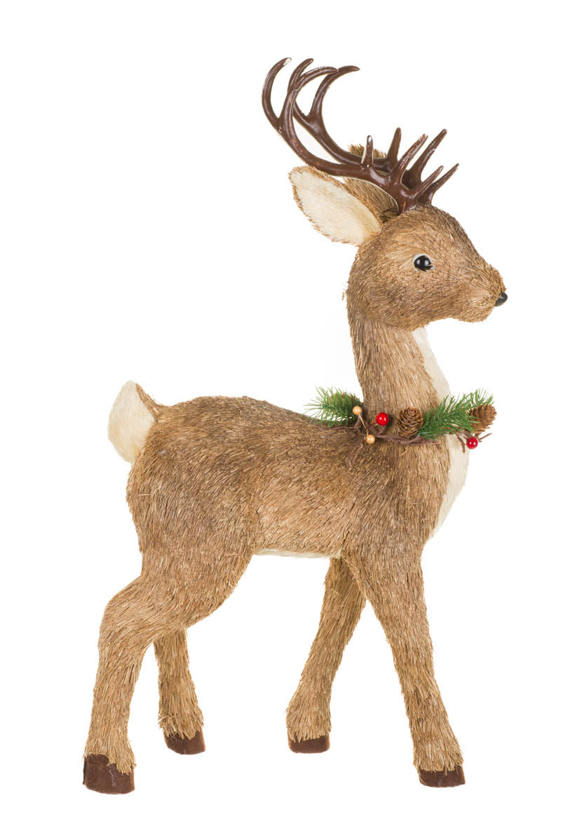 27" Brown Straw Reindeer Figurine with Collar