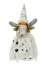 12" White and Silver Cloth Angel Girl LED Figurine with Silver Wings