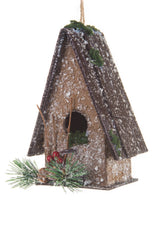 7" Hangable Umber Wood Mossy Birdhouse Christmas Cabin