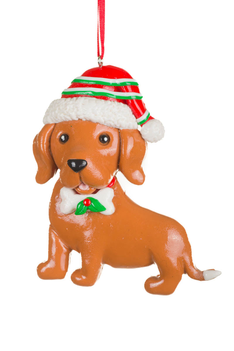 4" Brown Clay Festive Puppy Ornament with Striped Santa Hat