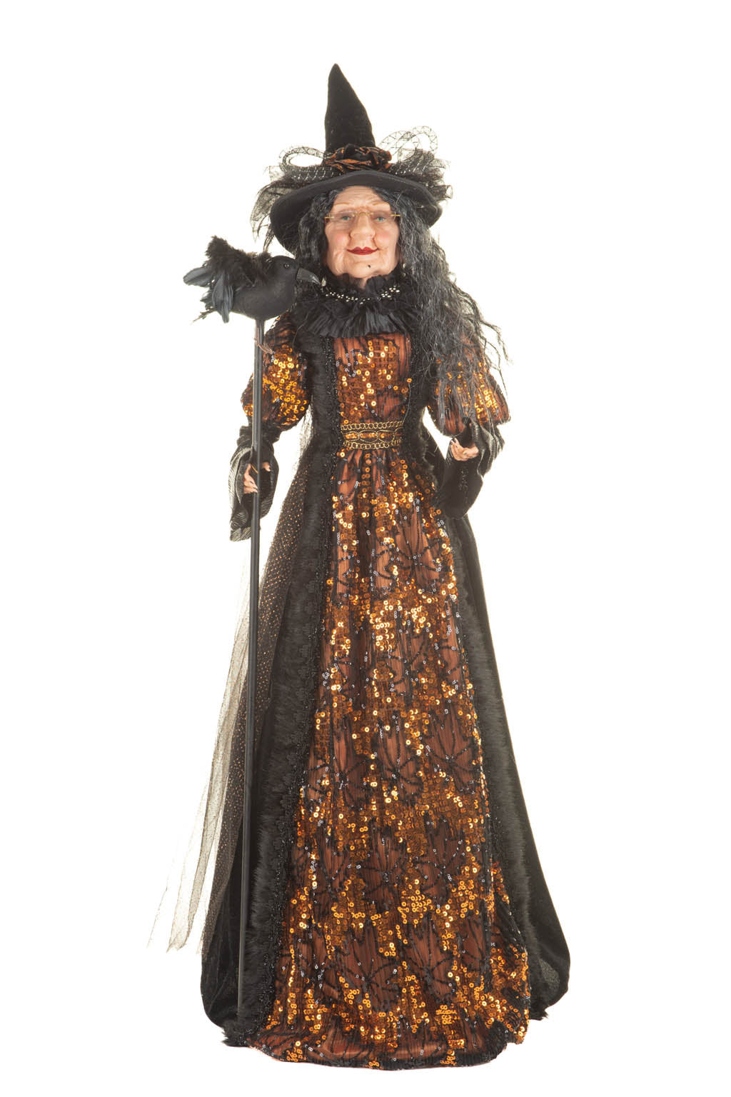 36" Sequin Black and Orange Polyester Regal Witch Figure with Crow Staff