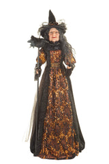 36" Sequin Black and Orange Polyester Regal Witch Figure with Crow Staff
