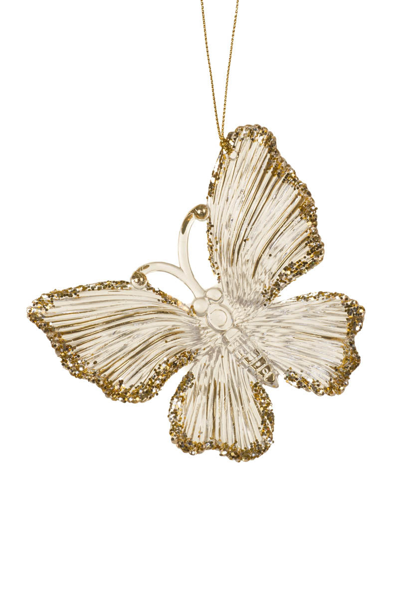 4.25" Crystalline Hanging Clear and Gold Glass Butterfly Ornament