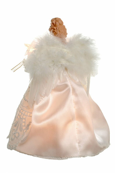 9.5" White Cloth Small Vintage 10-Light Angel Tree Topper with Vintage Linen Skirt