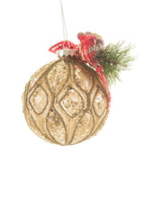 5" Hangable Brass Glass Captivating Ball Ornament with Plaid Ribbon