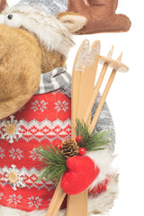 29" Red and Gray Knitted Moose Figurine with Skis