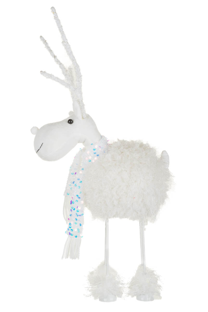 21" Fluffy White Poly Reindeer Warm White LED Figurine with Sequin Scarf