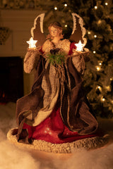 16" Burgundy Rattan Rustic 10-Light Angel Tree Topper with Metal Wings