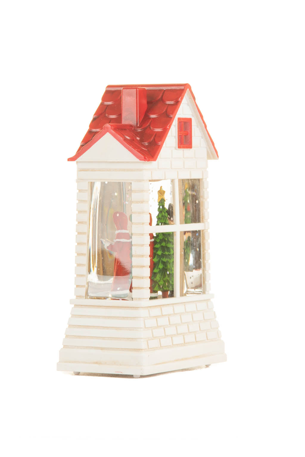 12.5" Mini White and Red Plastic Brick House Warm White LED Snow Globe with Carolers