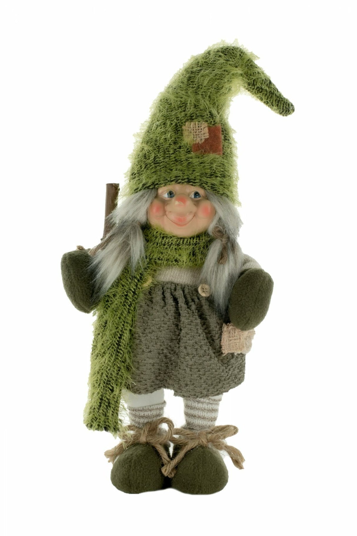 11.5" Smiling Green Cloth Forest Gnome with Walking Stick