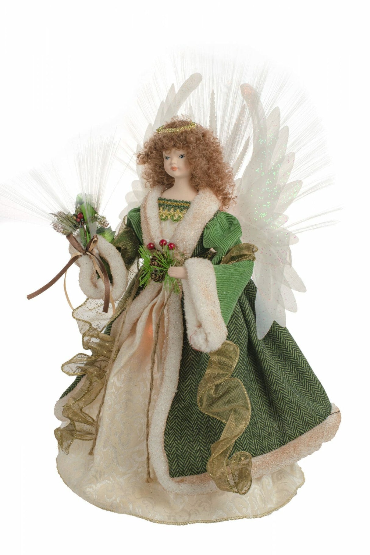 18" Green Cloth Charming Fiber Optic Angel Tree Topper with Brown Hair