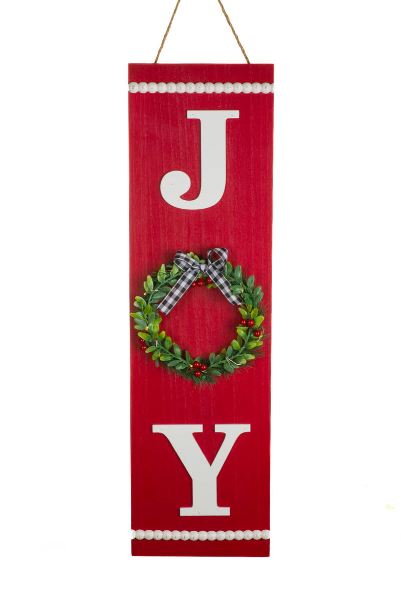 23.675" Red Wooden Joy Warm White LED Wall Banner