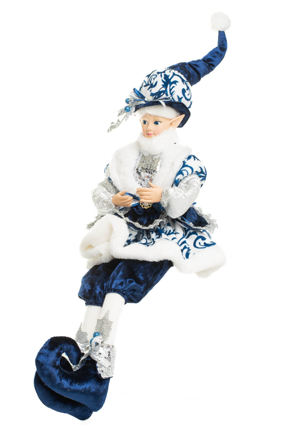 24" Sitting Chintz Blue and White Polyester Dapper Elf Doll with Holly Coat