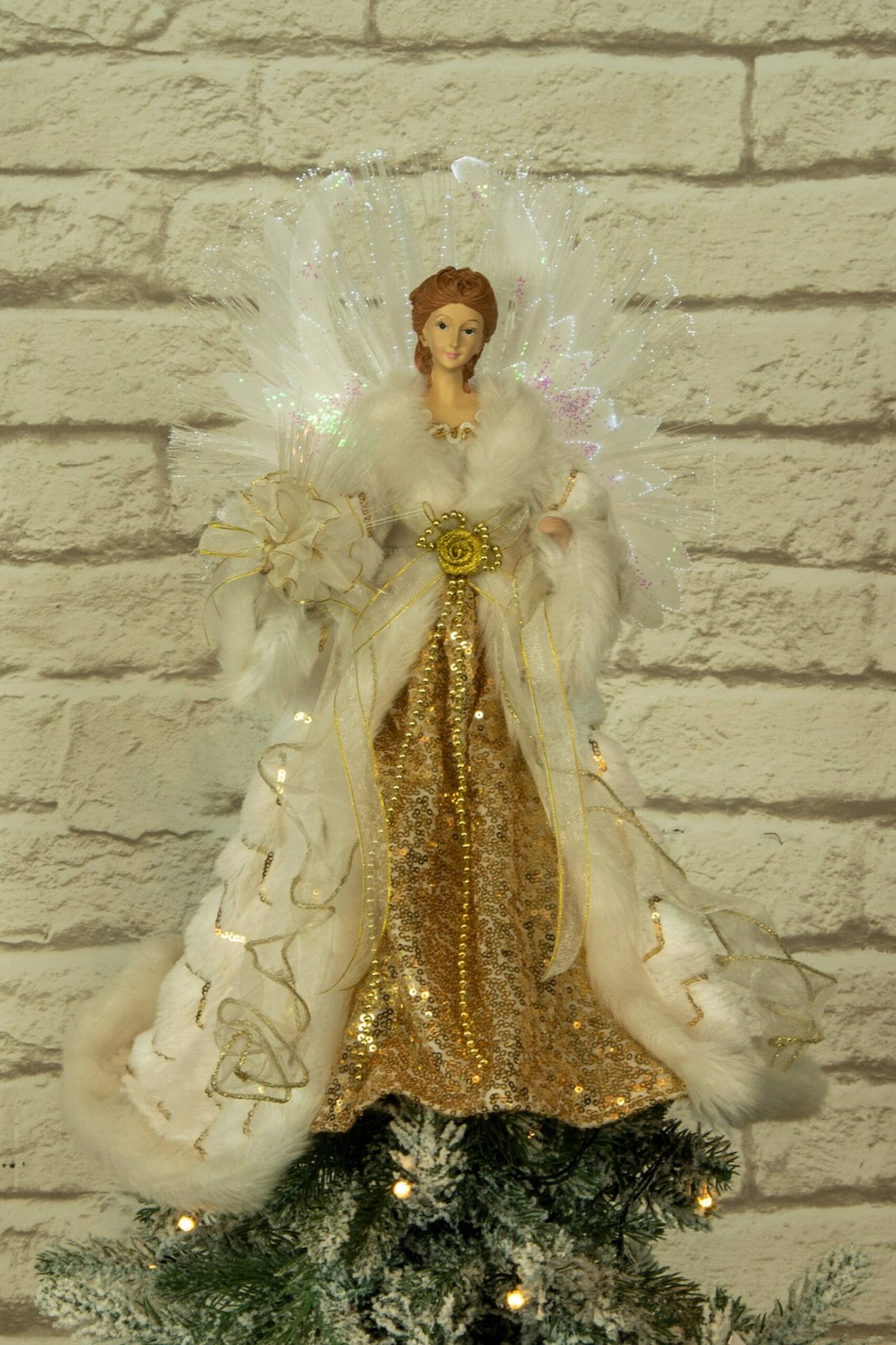 16" White and Gold Cloth Classic Fiber Optic Angel Tree Topper with Bouquet