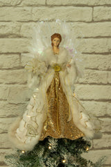 16" White and Gold Cloth Classic Fiber Optic Angel Tree Topper with Bouquet