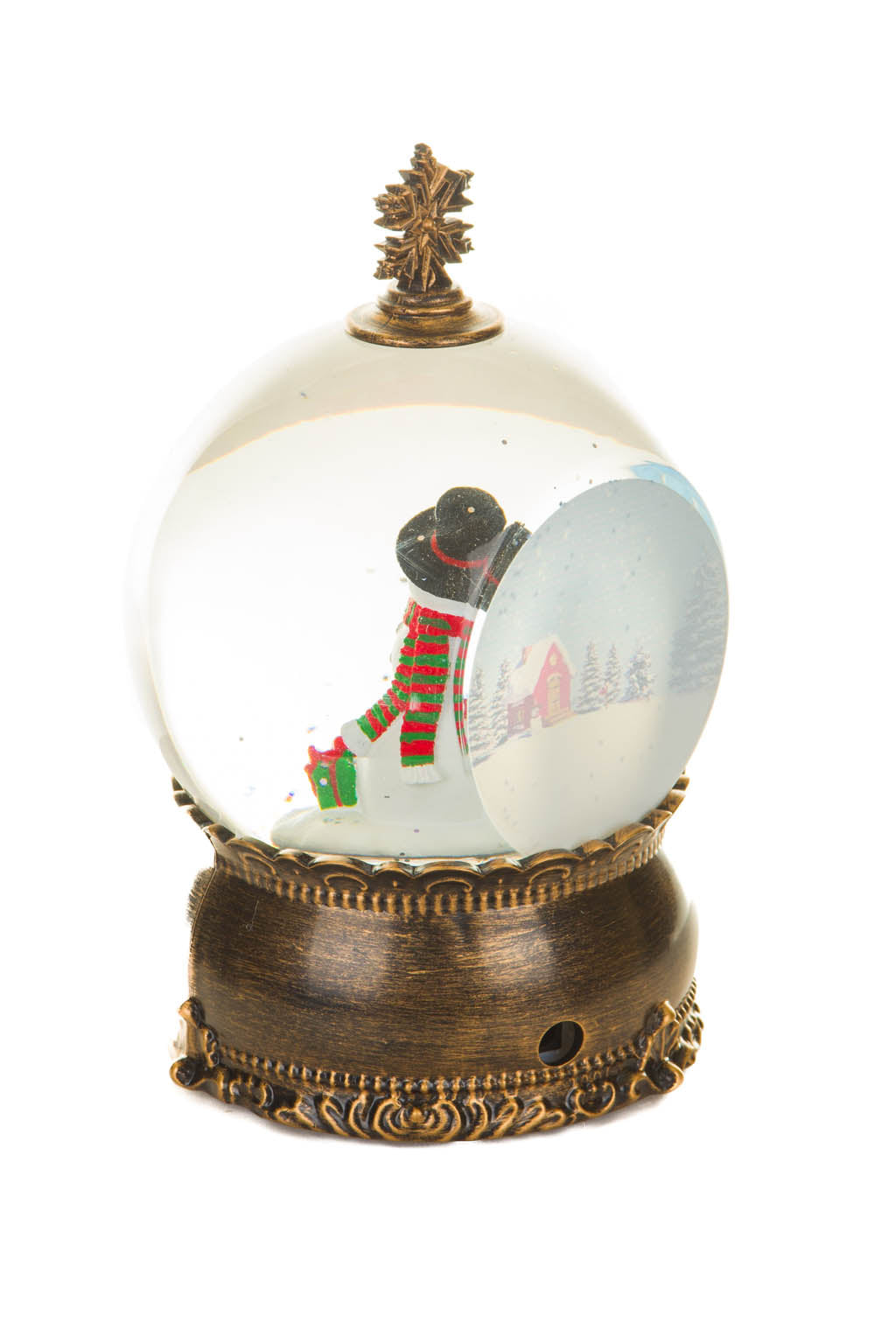 8" Brass Plastic Bauble Warm White LED Snow Globe with Snowman and Swirling Glitter