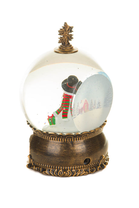 8" Brass Plastic Bauble Warm White LED Snow Globe with Snowman and Swirling Glitter