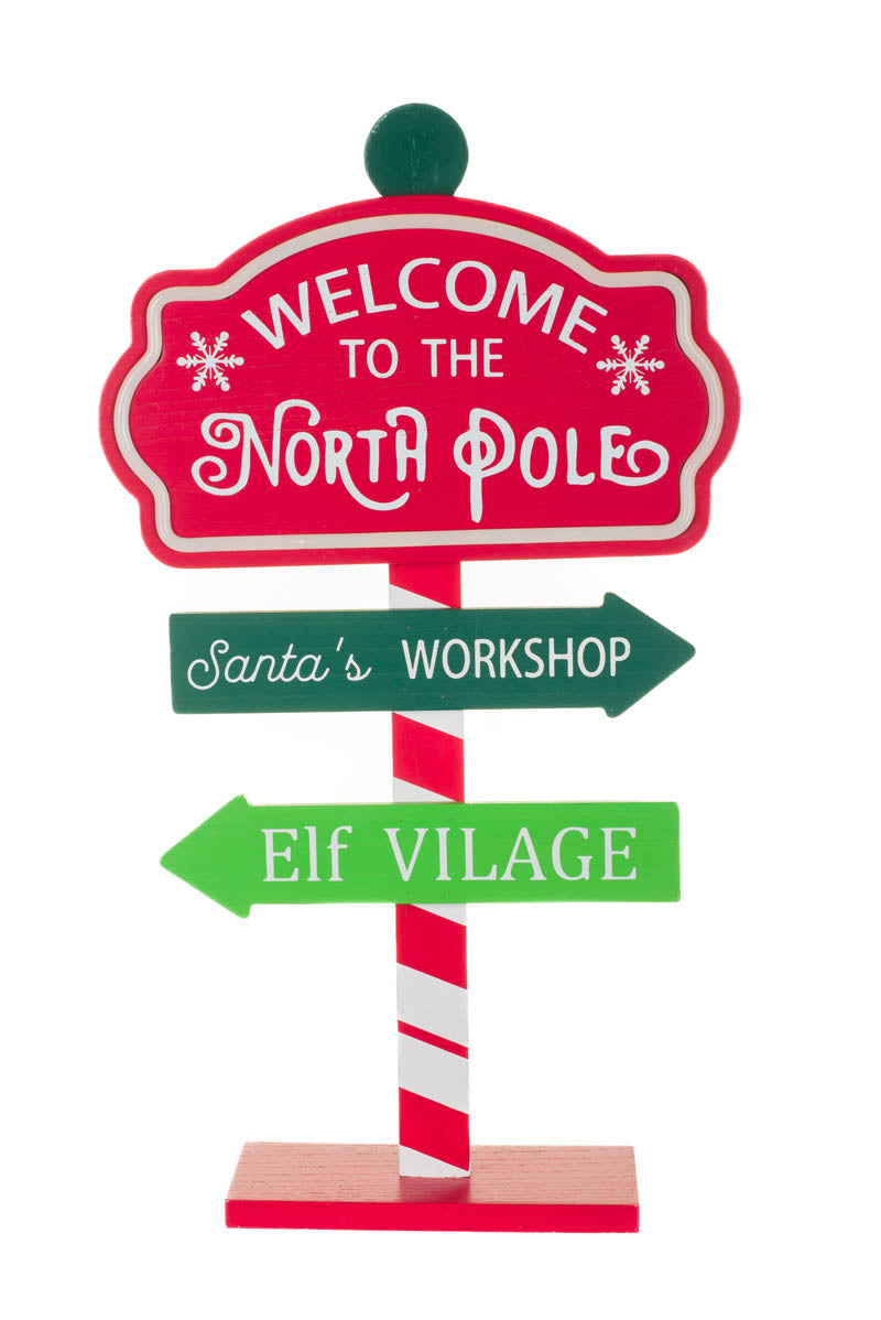 18" Red and Green Wooden North Pole Guidepost Warm White Illuminated Accent