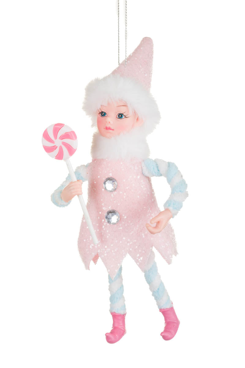9" Pink and White Fabric Elf Ornament with Lolly