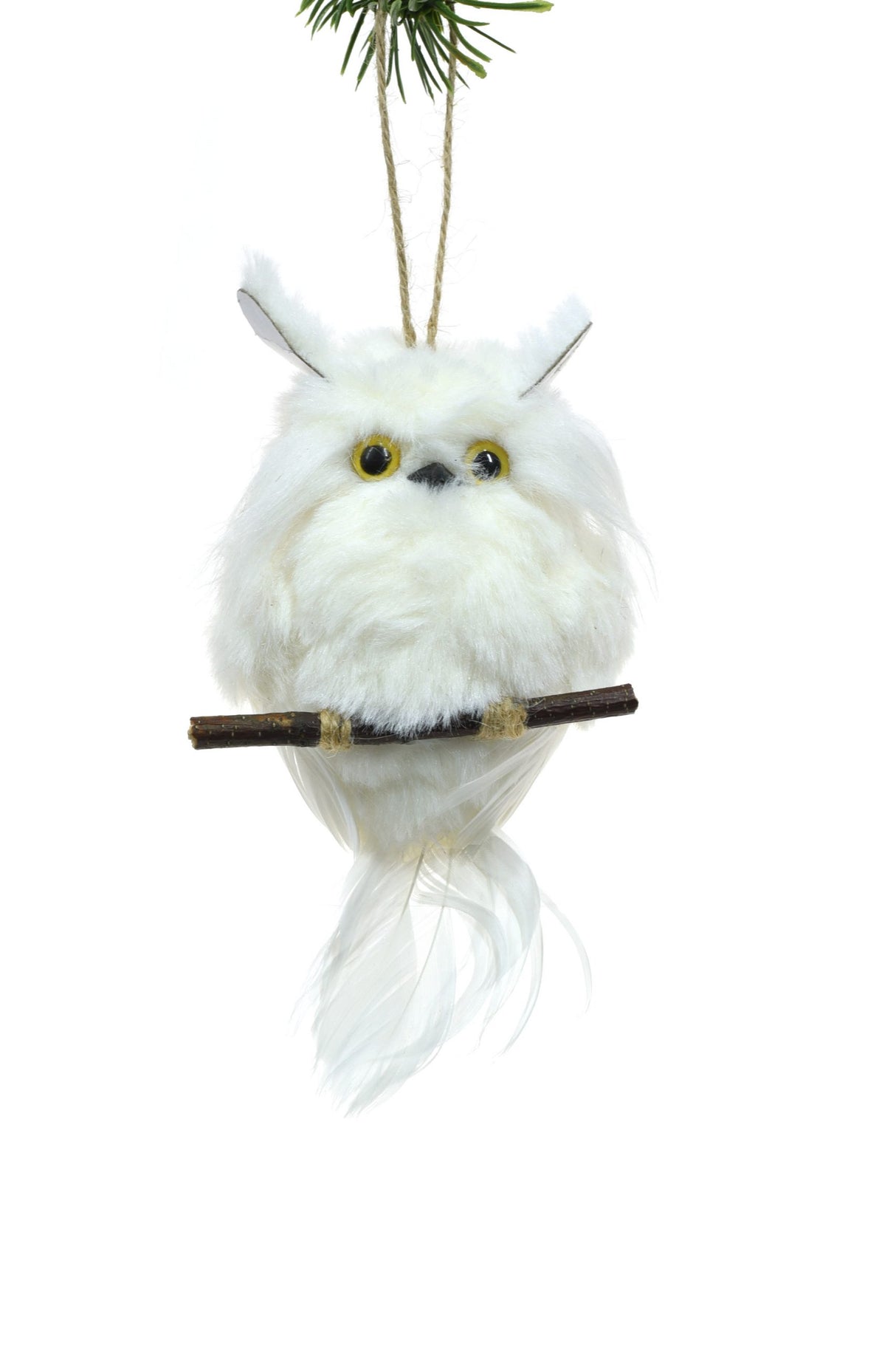 6" Hanging White Cloth Owl Ornament Perched On Stick