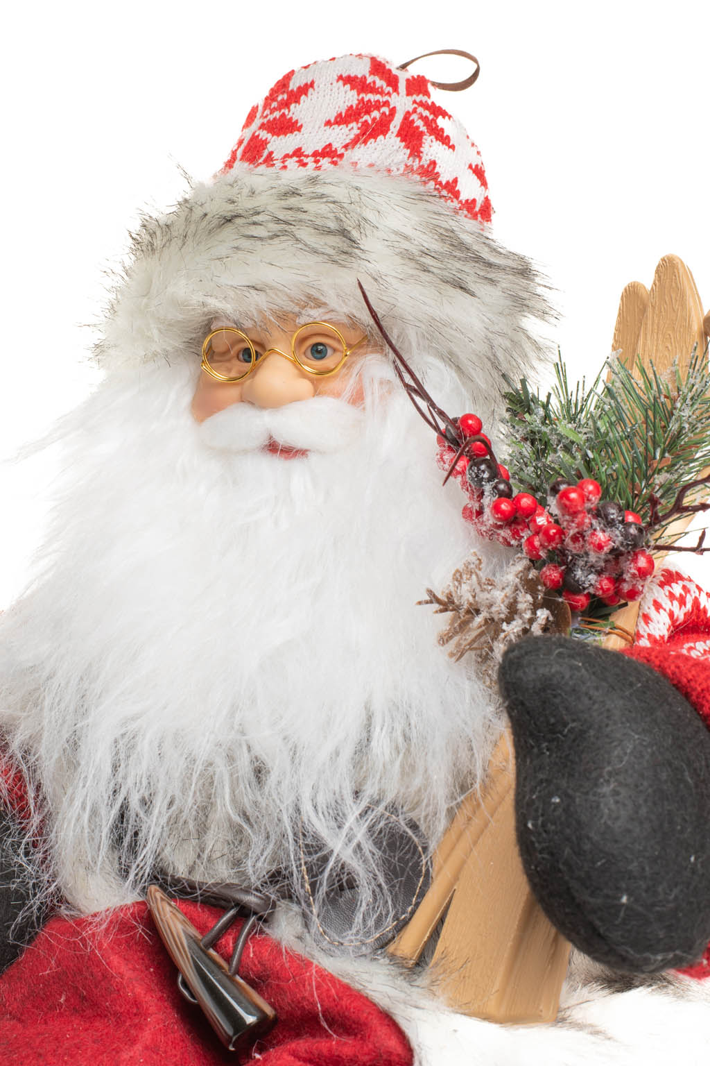 18" Sitting Snowflake Red and White Knitted Alpine Santa Figurine with Skis