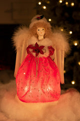 9" Red Cloth Small 10-Light Angel Tree Topper with Blonde Curly Hair