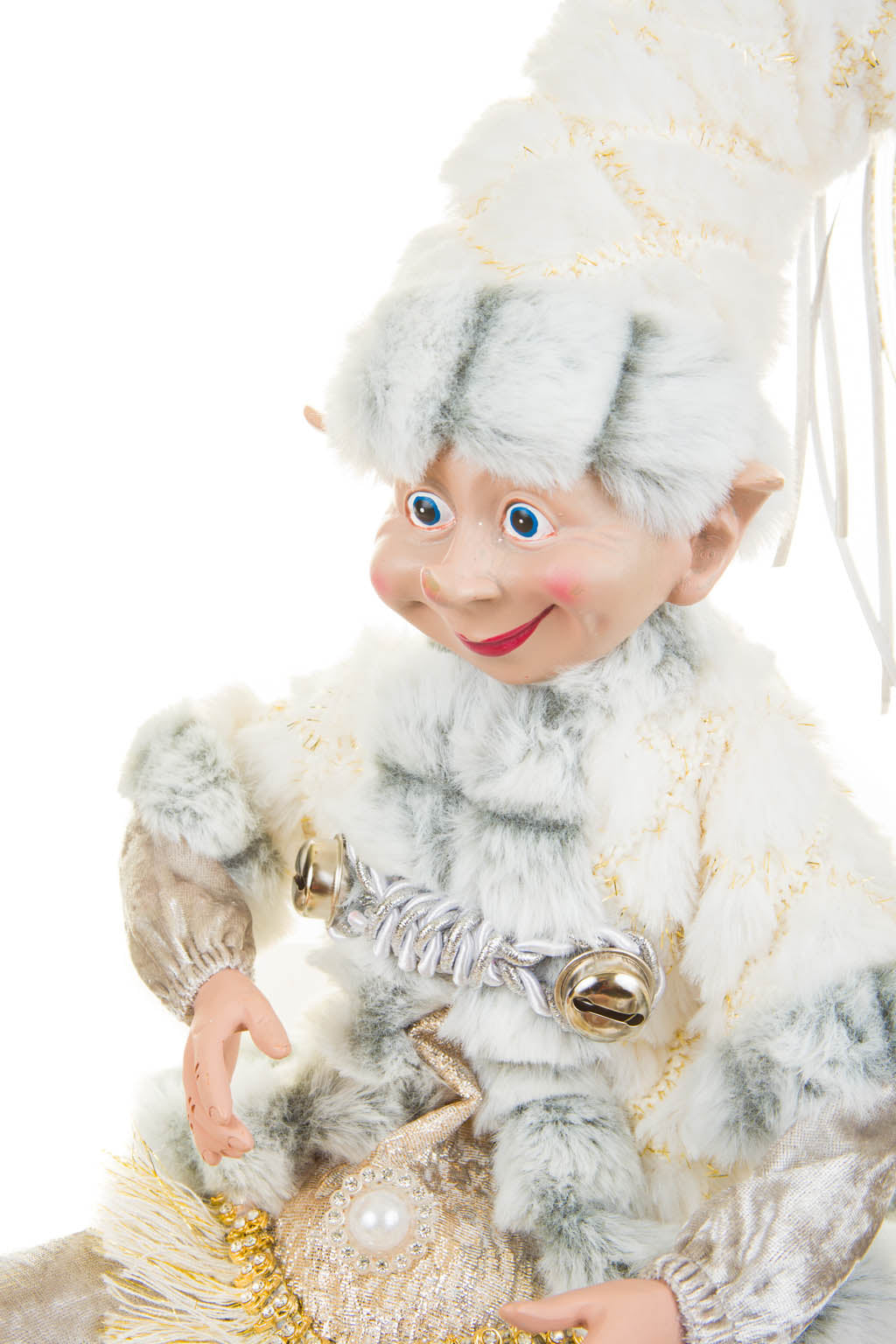 24" Silver Cotton Furry Elf Figurine In Fur Outfit