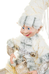24" Silver Cotton Furry Elf Figurine In Fur Outfit