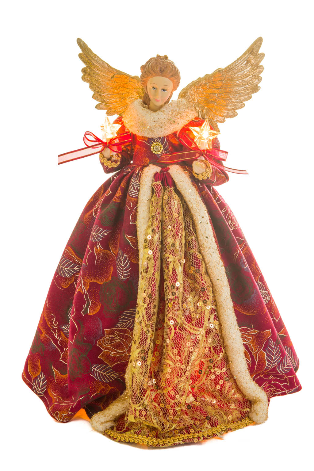 15" Floral Burgundy and Gold Cotton Monarchical Warm White LED Angel Tree Topper