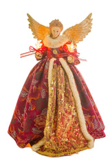 15" Floral Burgundy and Gold Cotton Monarchical Warm White LED Angel Tree Topper