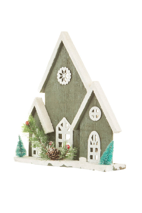 12" White and Dark Olive Wood Winter Cabin Warm White LED Display