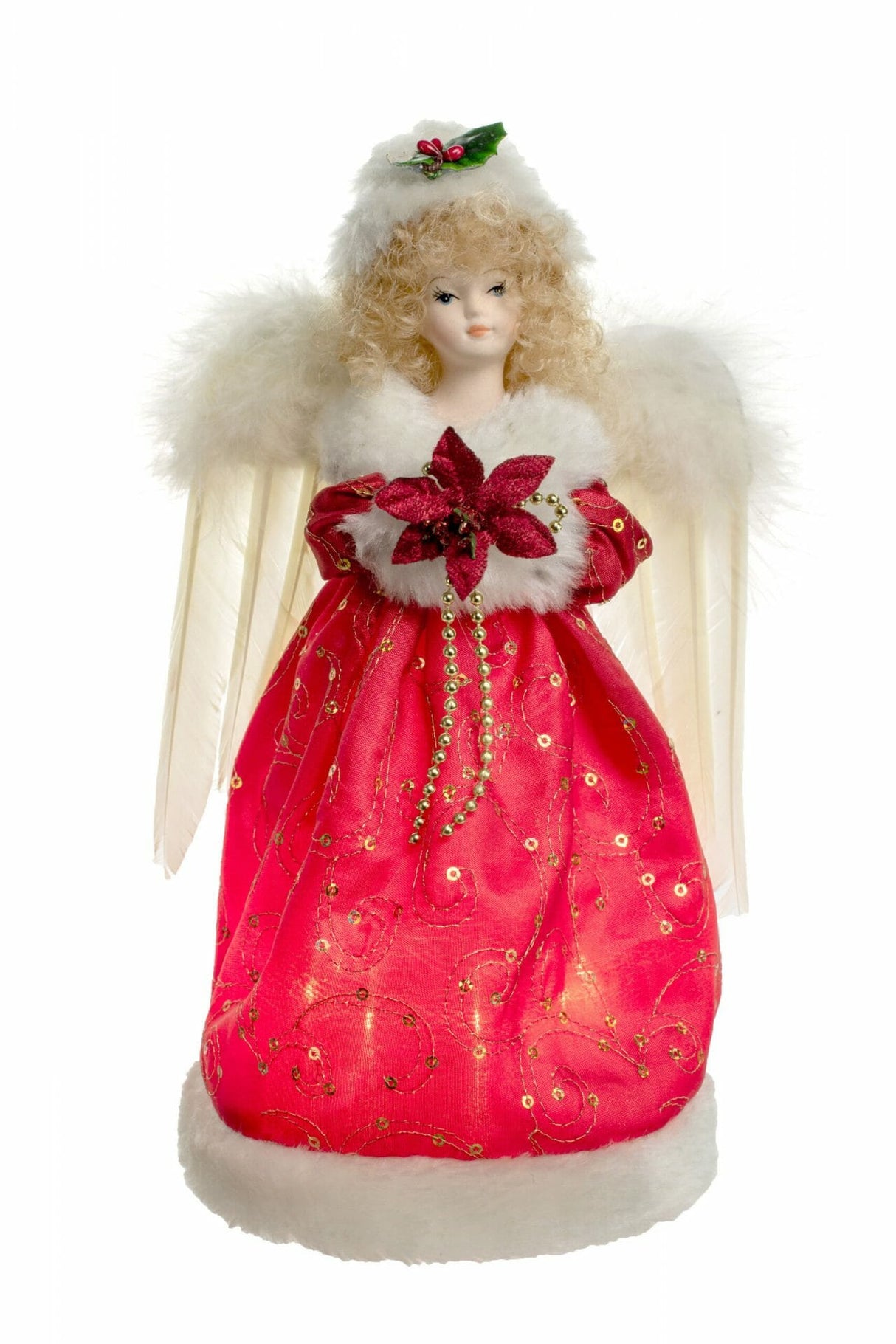 9" Red Cloth Small 10-Light Angel Tree Topper with Blonde Curly Hair