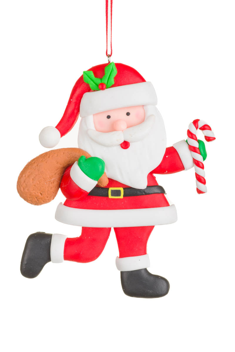 4.75" White and Red Clay Santa Ornament with Candycanes